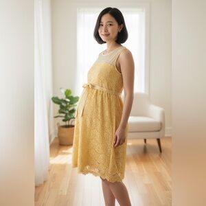 Motherhood Maternity Soft Yellow Lace Special Occasion Dress - Size S EUC